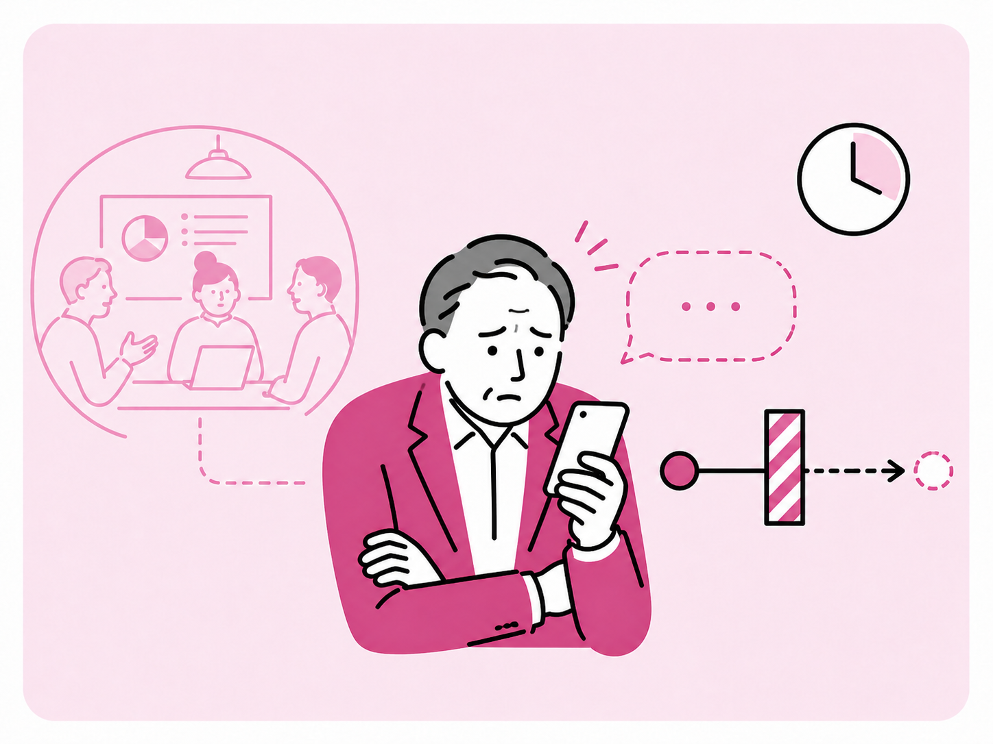 打ち合わせの報告を待ちながらスマートフォンを見つめる責任者